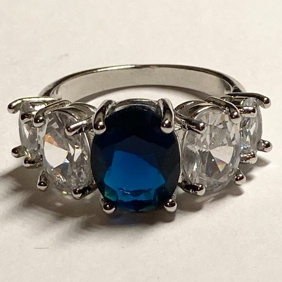 Silver Sapphire Blue Cubic Zirconia Anniversary Ring Size 7 Plated Simulated - Picture 6 of 11